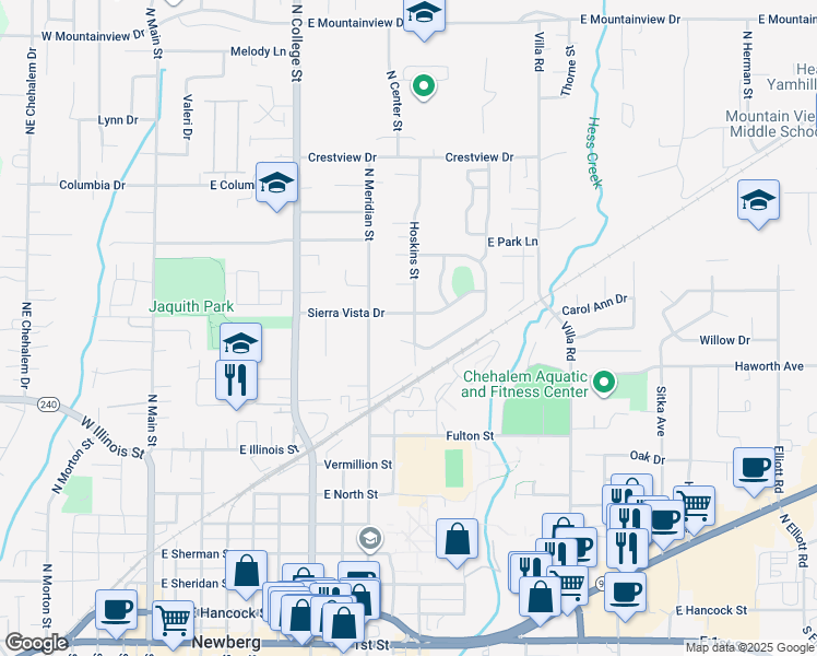 map of restaurants, bars, coffee shops, grocery stores, and more near 1204 Hoskins Street in Newberg