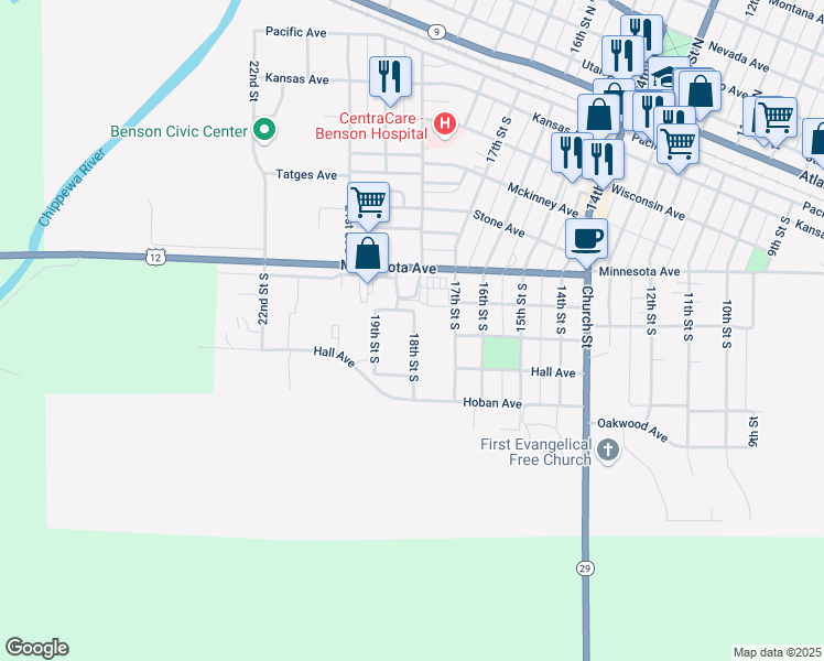 map of restaurants, bars, coffee shops, grocery stores, and more near 706 18th Street South in Benson