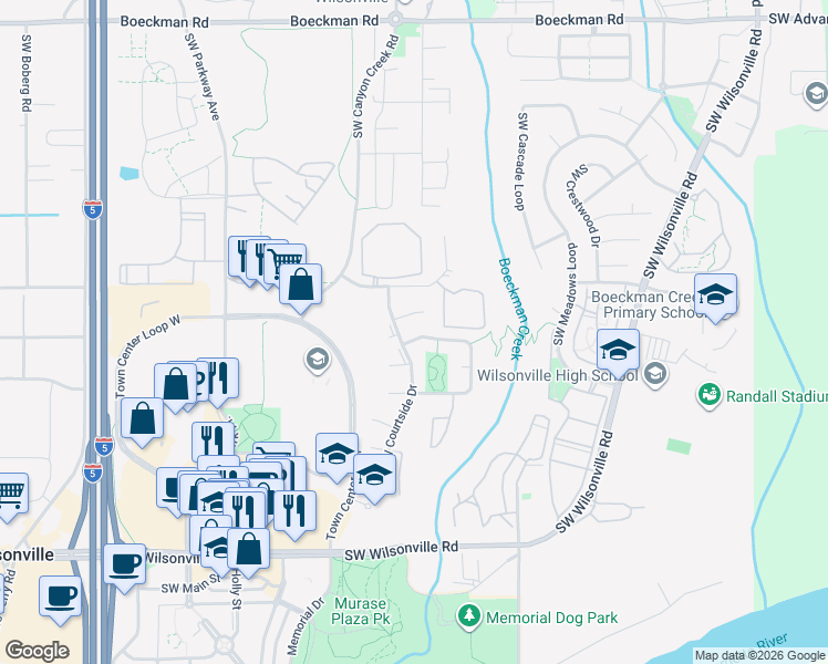 map of restaurants, bars, coffee shops, grocery stores, and more near 7753 Southwest Wimbledon Circle North in Wilsonville
