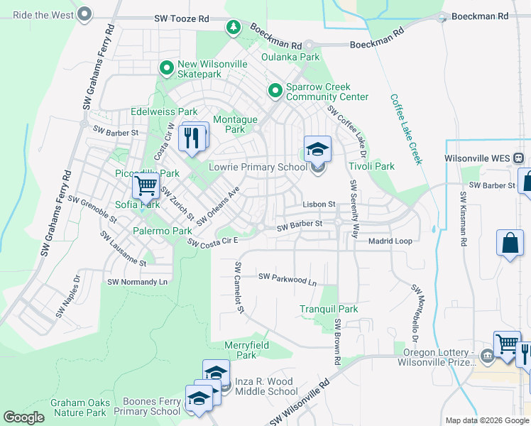 map of restaurants, bars, coffee shops, grocery stores, and more near 29232 Southwest Costa Circle East in Wilsonville