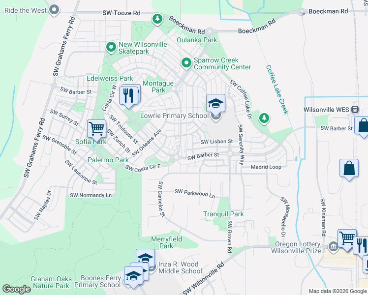 map of restaurants, bars, coffee shops, grocery stores, and more near 29280 Southwest Costa Circle East in Wilsonville