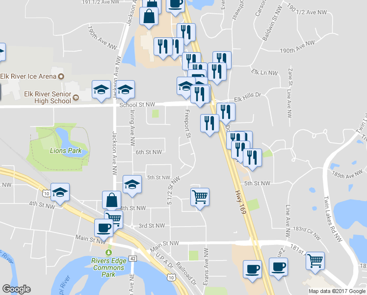 map of restaurants, bars, coffee shops, grocery stores, and more near 618 Jefferson Lane Northwest in Elk River