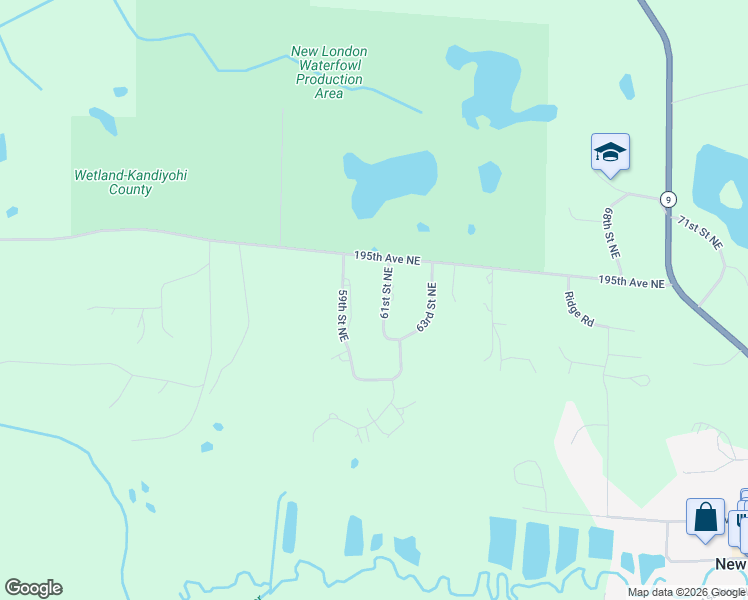 map of restaurants, bars, coffee shops, grocery stores, and more near 19358 61st Street Northeast in New London