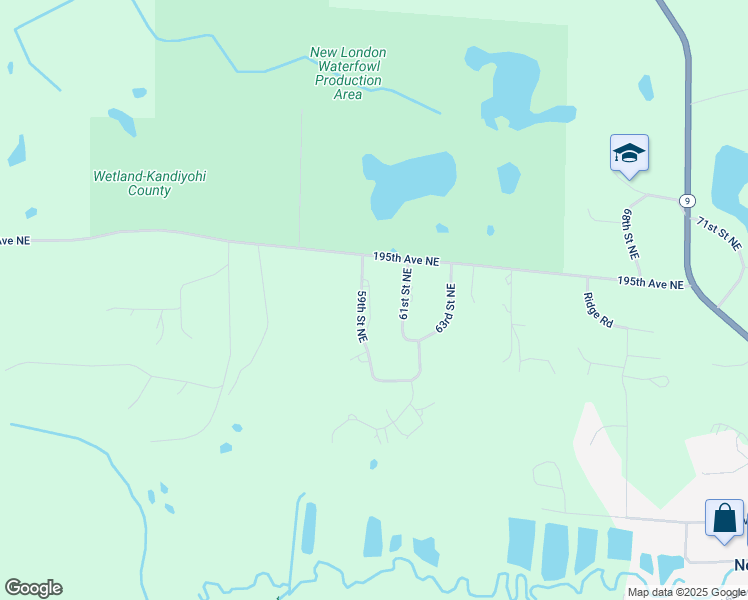 map of restaurants, bars, coffee shops, grocery stores, and more near 19363 59th Street Northeast in New London