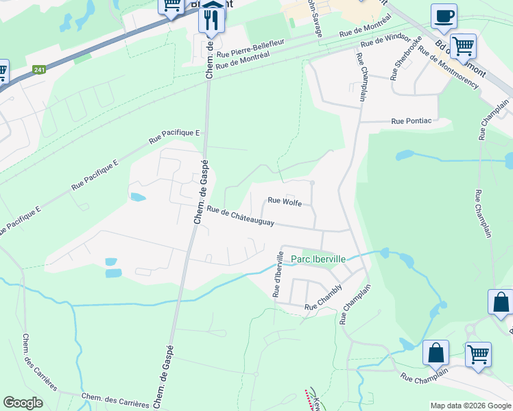 map of restaurants, bars, coffee shops, grocery stores, and more near 124 Rue de Wolfe in Bromont