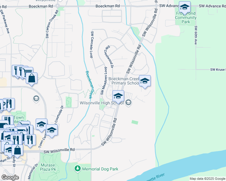 map of restaurants, bars, coffee shops, grocery stores, and more near 29019 Southwest Meek Loop in Wilsonville