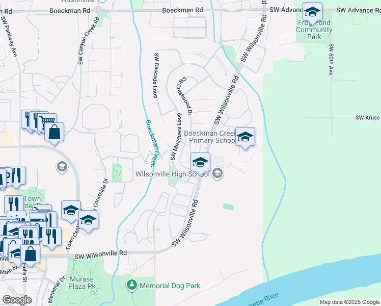 map of restaurants, bars, coffee shops, grocery stores, and more near 29019 Southwest Meek Loop in Wilsonville