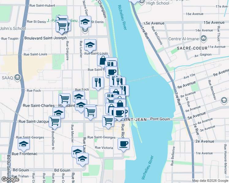 map of restaurants, bars, coffee shops, grocery stores, and more near 277 Rue Champlain in Saint-Jean-sur-Richelieu