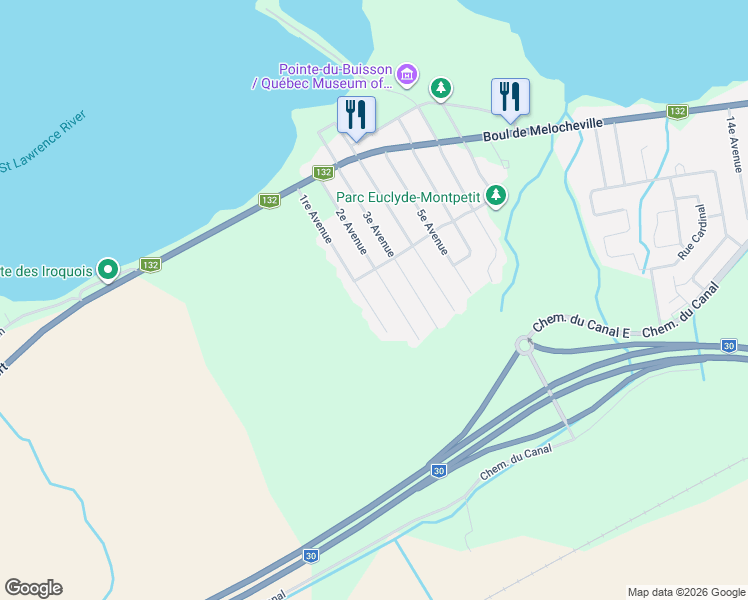 map of restaurants, bars, coffee shops, grocery stores, and more near 49 1re Avenue in Beauharnois
