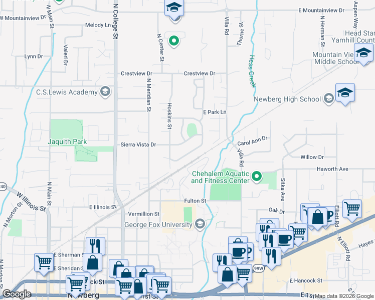map of restaurants, bars, coffee shops, grocery stores, and more near 1203 South Pennington Drive in Newberg