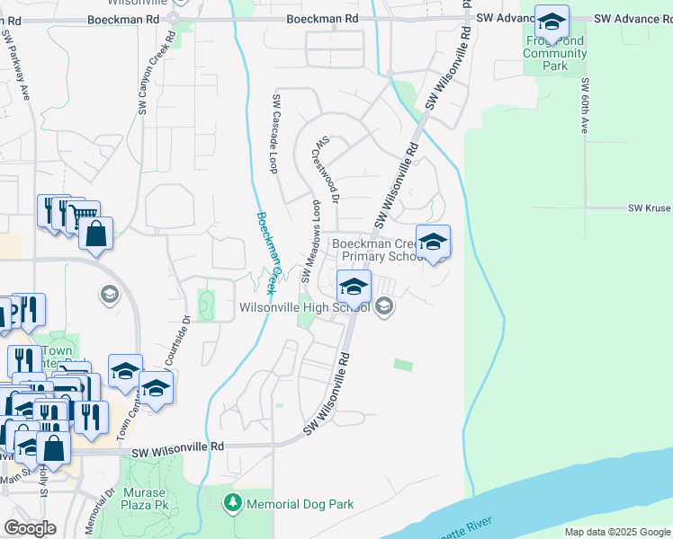 map of restaurants, bars, coffee shops, grocery stores, and more near 29019 Southwest Meek Loop in Wilsonville