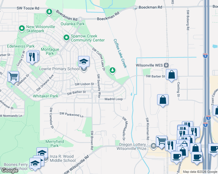 map of restaurants, bars, coffee shops, grocery stores, and more near 10398 Lisbon Street in Wilsonville