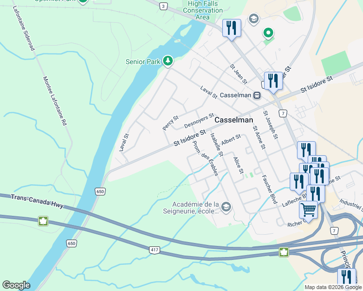map of restaurants, bars, coffee shops, grocery stores, and more near 737 Saint Isidore Road in Casselman