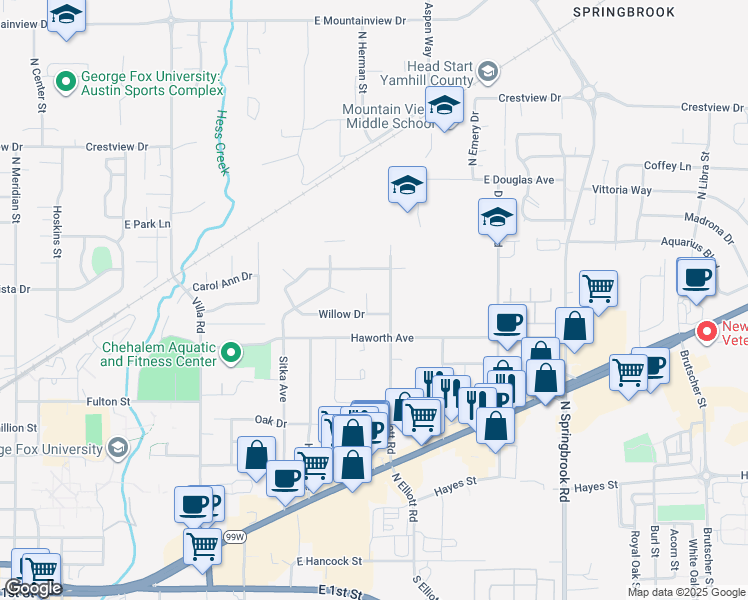 map of restaurants, bars, coffee shops, grocery stores, and more near 1202 Elm Lane in Newberg