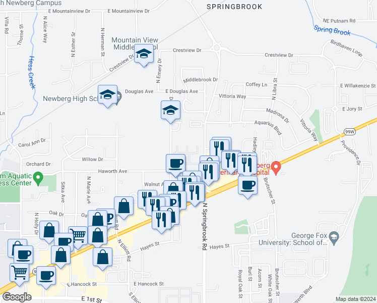 map of restaurants, bars, coffee shops, grocery stores, and more near 1103 North Springbrook Road in Newberg