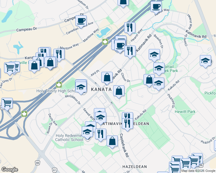 map of restaurants, bars, coffee shops, grocery stores, and more near 32 McClintock Way in Ottawa
