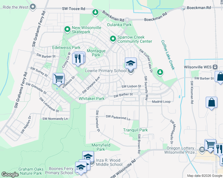 map of restaurants, bars, coffee shops, grocery stores, and more near 29276 Southwest Costa Circle East in Wilsonville