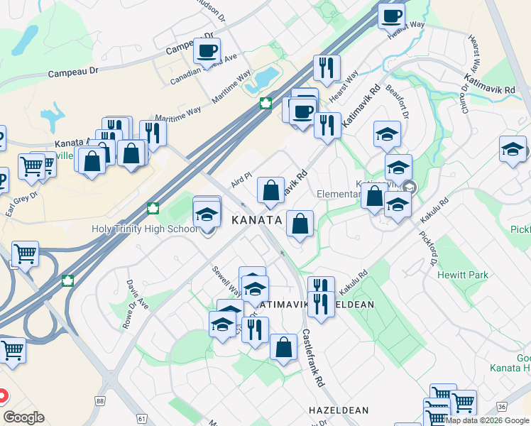 map of restaurants, bars, coffee shops, grocery stores, and more near 9409 Katimavik Road in Ottawa