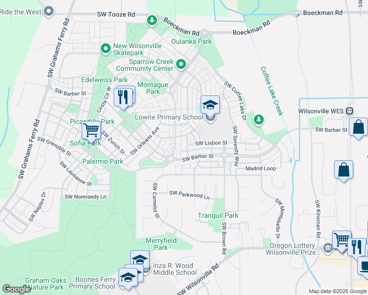 map of restaurants, bars, coffee shops, grocery stores, and more near 29151 Southwest San Miguel Lane in Wilsonville