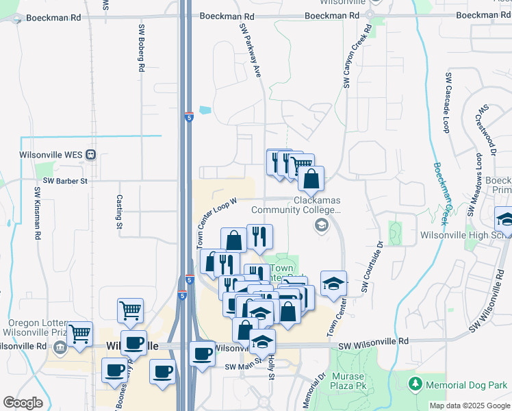 map of restaurants, bars, coffee shops, grocery stores, and more near 29100 Town Center Loop West in Wilsonville