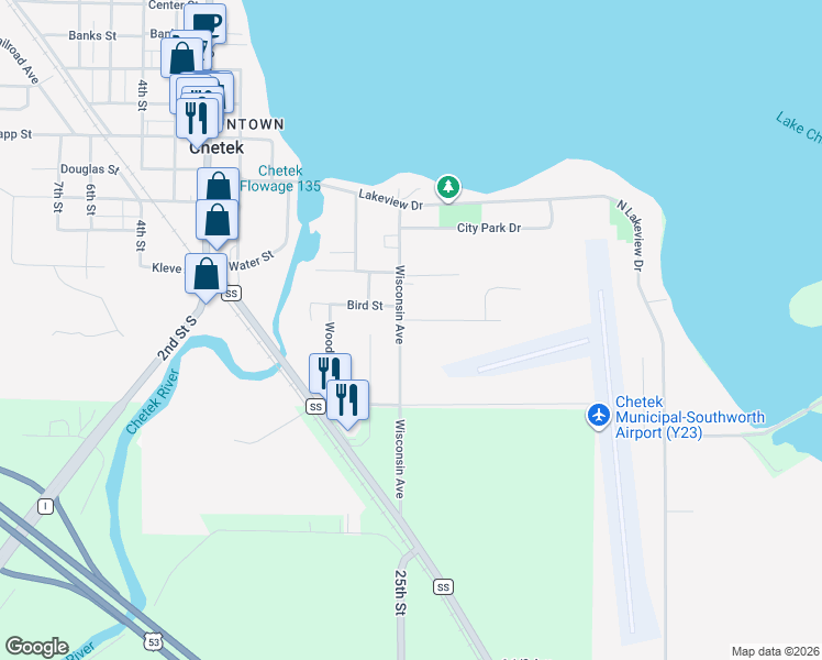 map of restaurants, bars, coffee shops, grocery stores, and more near 223 Wisconsin Avenue in Chetek