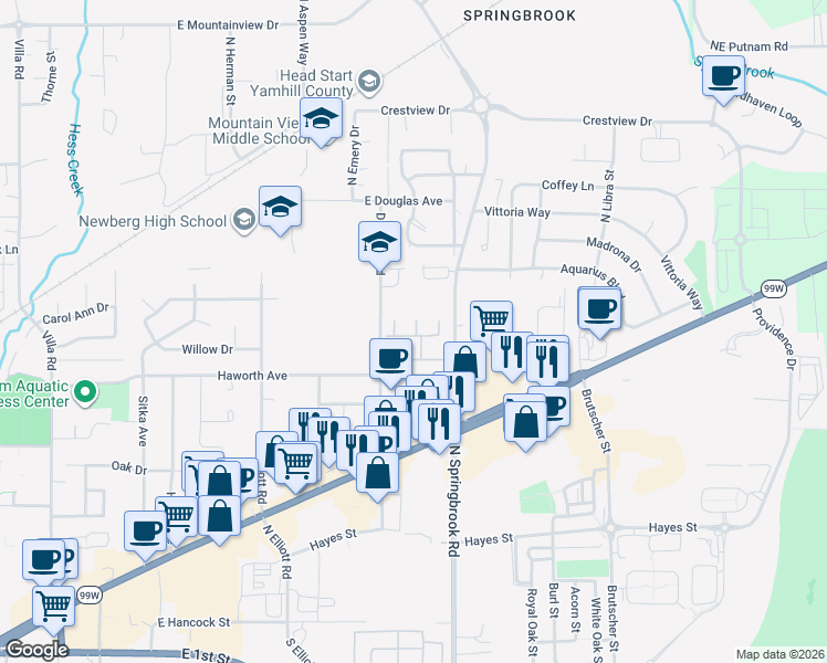 map of restaurants, bars, coffee shops, grocery stores, and more near 1212 Deborah Road in Newberg