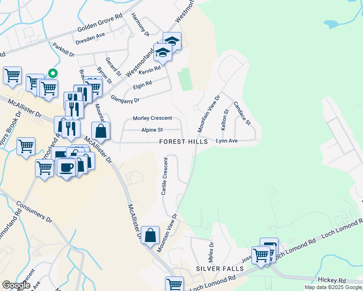 map of restaurants, bars, coffee shops, grocery stores, and more near 76 Mountain Road in Saint John