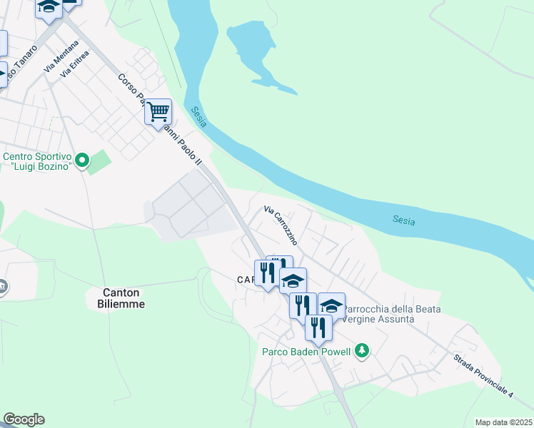 map of restaurants, bars, coffee shops, grocery stores, and more near 36A Via Carrozzino in Vercelli