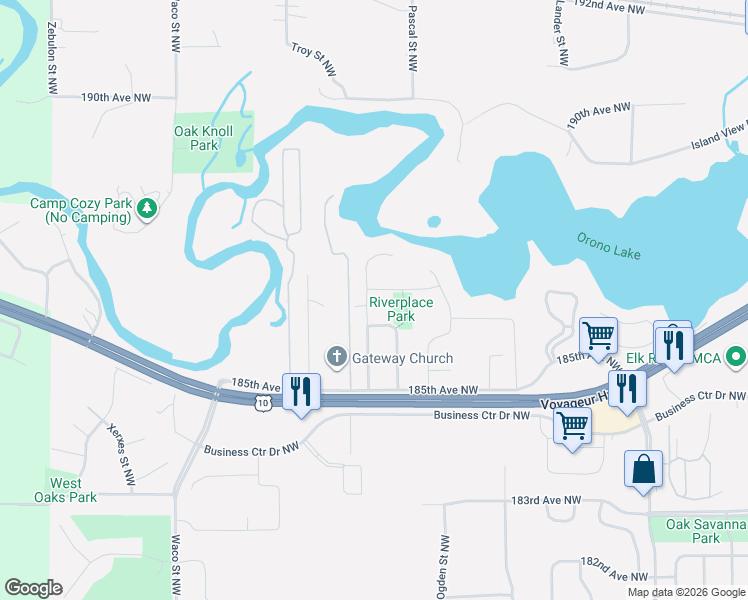 map of restaurants, bars, coffee shops, grocery stores, and more near 13848 186th Lane Northwest in Elk River
