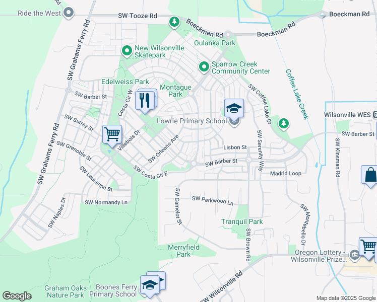 map of restaurants, bars, coffee shops, grocery stores, and more near 29275 Southwest Costa Circle East in Wilsonville