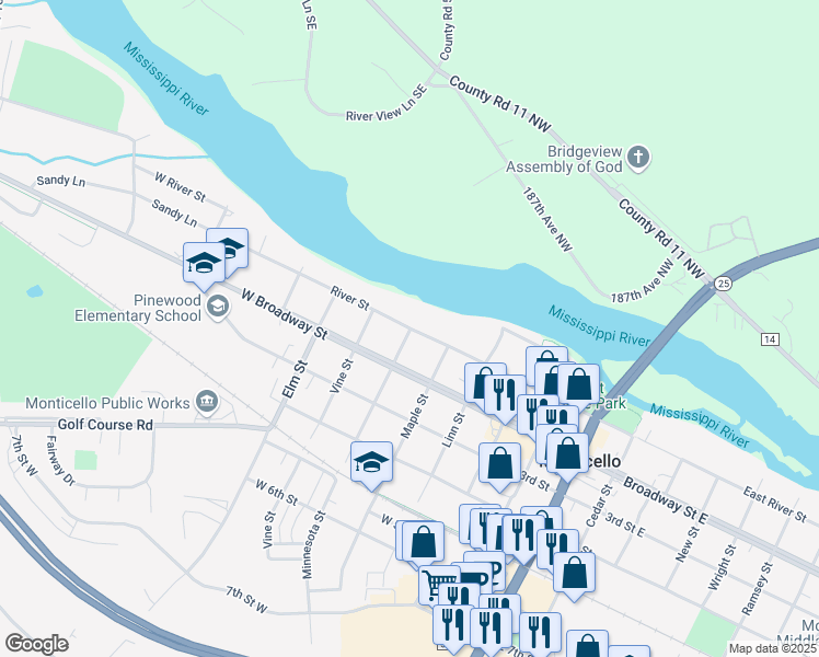 map of restaurants, bars, coffee shops, grocery stores, and more near 25 Minnesota Street in Monticello