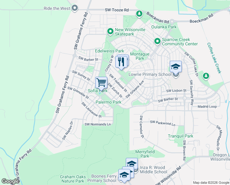 map of restaurants, bars, coffee shops, grocery stores, and more near 29185 Bergen Lane in Wilsonville