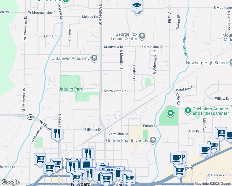 map of restaurants, bars, coffee shops, grocery stores, and more near 818 Sierra Vista Drive in Newberg