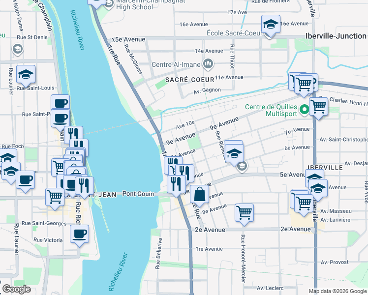 map of restaurants, bars, coffee shops, grocery stores, and more near 150 8e Avenue in Saint-Jean-sur-Richelieu