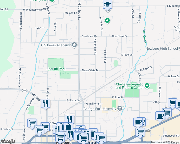 map of restaurants, bars, coffee shops, grocery stores, and more near 816 Sierra Vista Drive in Newberg