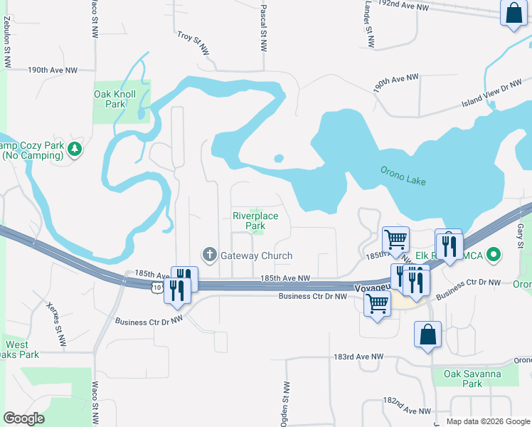 map of restaurants, bars, coffee shops, grocery stores, and more near 13780 186th Lane Northwest in Elk River