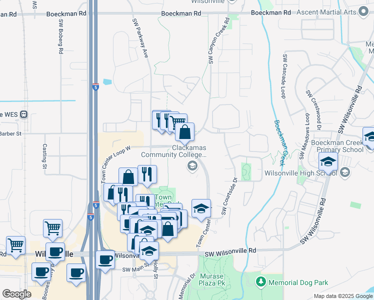 map of restaurants, bars, coffee shops, grocery stores, and more near 29345 Southwest Town Center Loop East in Wilsonville