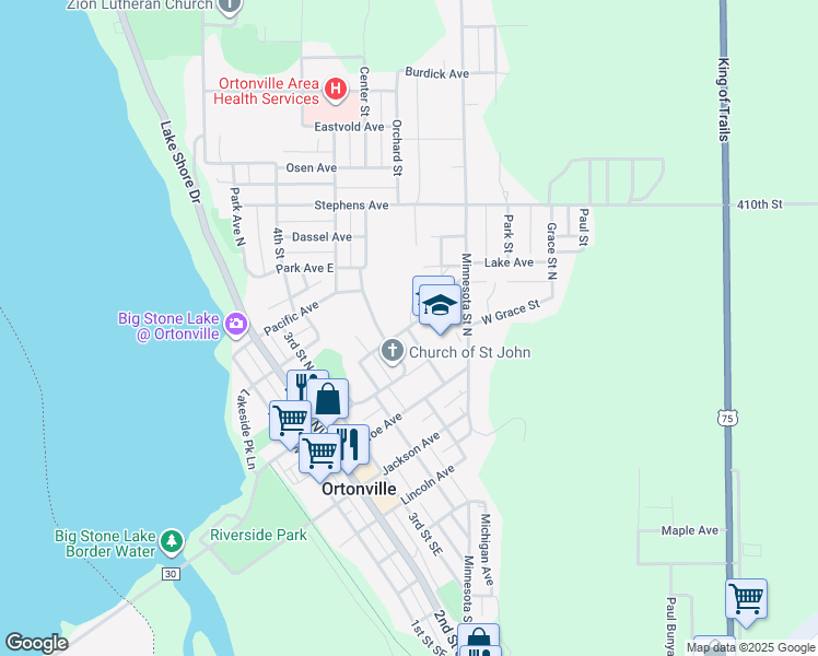 map of restaurants, bars, coffee shops, grocery stores, and more near 633 Jefferson Avenue in Ortonville