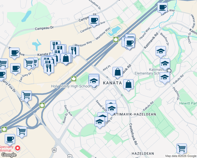 map of restaurants, bars, coffee shops, grocery stores, and more near 4 Baton Court in Ottawa