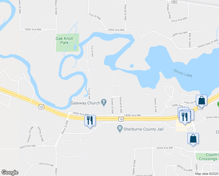 map of restaurants, bars, coffee shops, grocery stores, and more near 18610 Queen Circle Northwest in Elk River