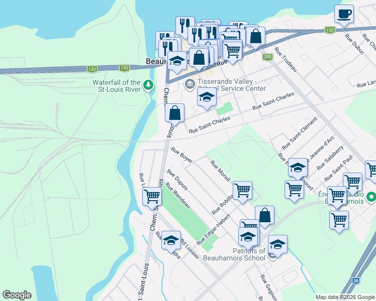 map of restaurants, bars, coffee shops, grocery stores, and more near Rue Boyer in Beauharnois