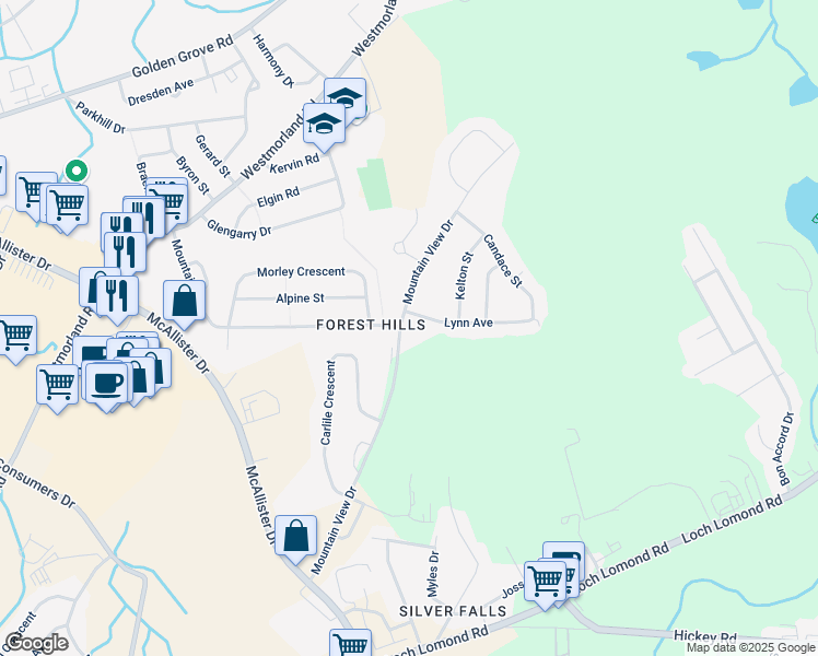 map of restaurants, bars, coffee shops, grocery stores, and more near 120 Mountain View Drive in Saint John