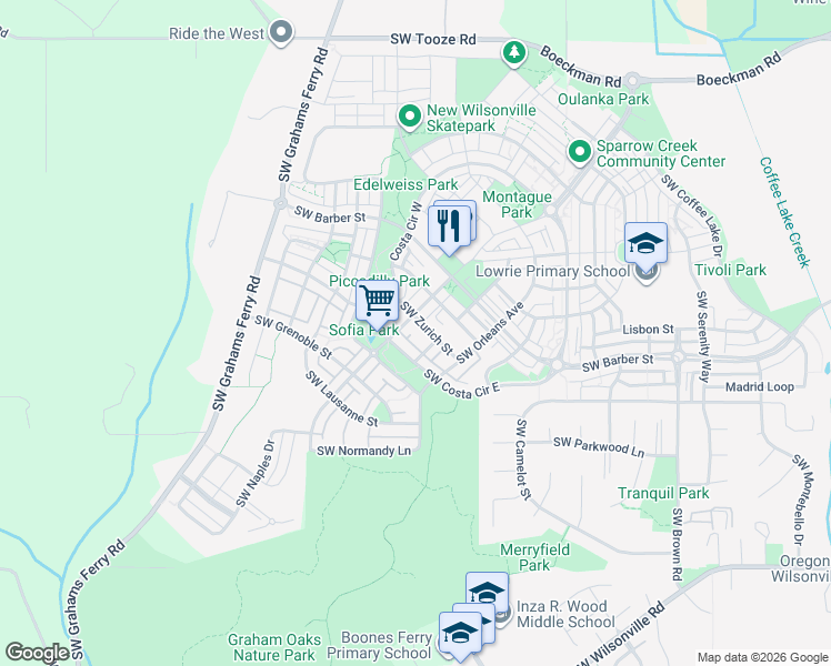 map of restaurants, bars, coffee shops, grocery stores, and more near 11520 Southwest Zurich Street in Wilsonville