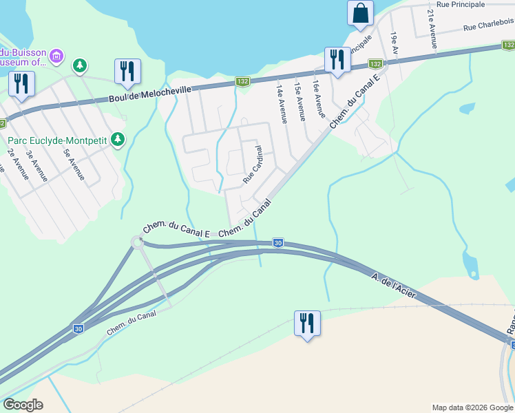 map of restaurants, bars, coffee shops, grocery stores, and more near 391 Chemin du Canal Est in Beauharnois