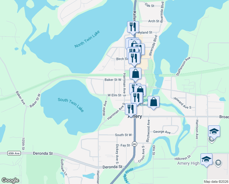 map of restaurants, bars, coffee shops, grocery stores, and more near 232 Church Avenue in Amery