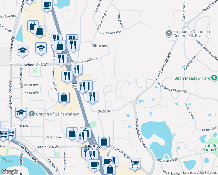 map of restaurants, bars, coffee shops, grocery stores, and more near 58 6 1/2 Street Northwest in Elk River