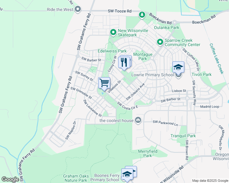 map of restaurants, bars, coffee shops, grocery stores, and more near 11520 Southwest Zurich Street in Wilsonville