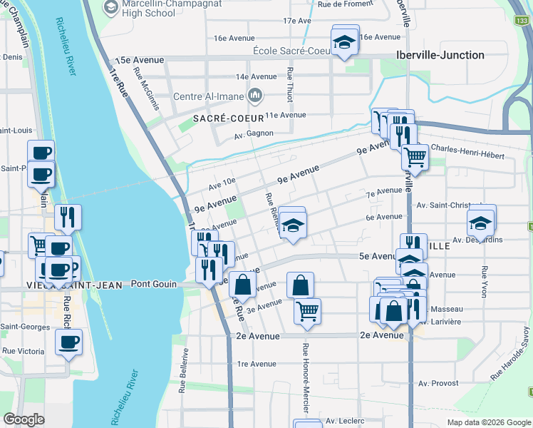 map of restaurants, bars, coffee shops, grocery stores, and more near 267 8e Avenue in Saint-Jean-sur-Richelieu