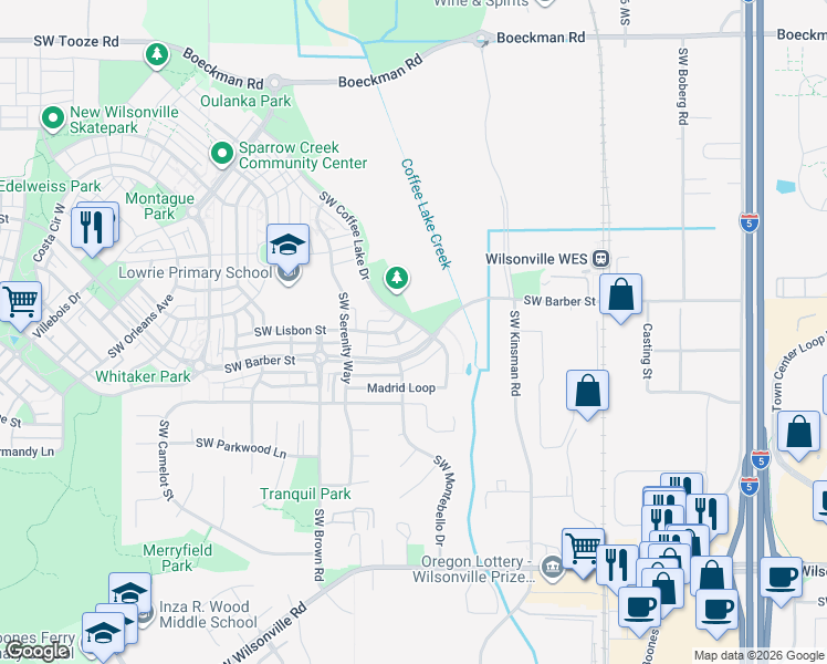 map of restaurants, bars, coffee shops, grocery stores, and more near 10258 Lisbon Street in Wilsonville
