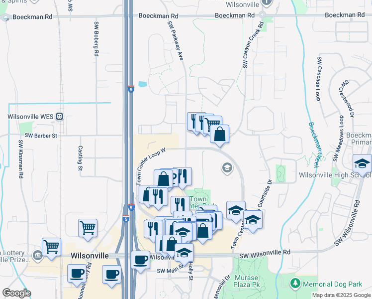 map of restaurants, bars, coffee shops, grocery stores, and more near 17525 Southwest Parkway Court in Wilsonville